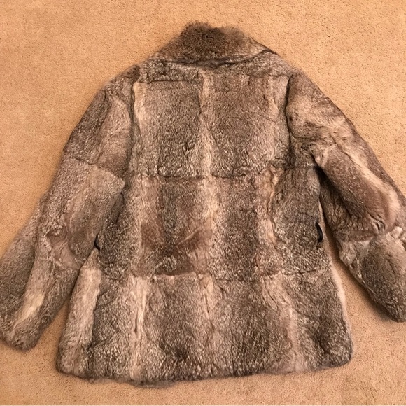 Womens Fur Coat Jacket Size 46 Medium Grey Rabbit Pockets Hook Closure Flaw - Picture 3 of 16